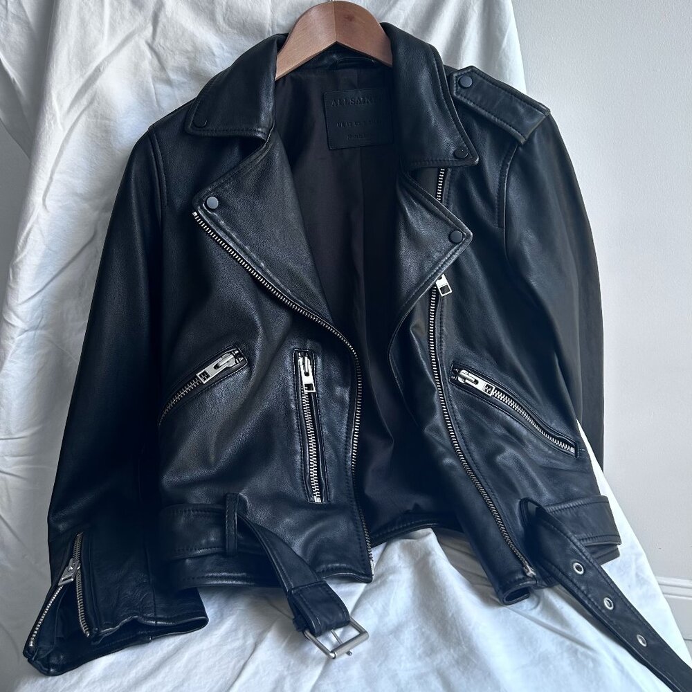 AllSaints Classic Black Leather Moto Biker Jacket | Size 8 - Picture 2 of 6